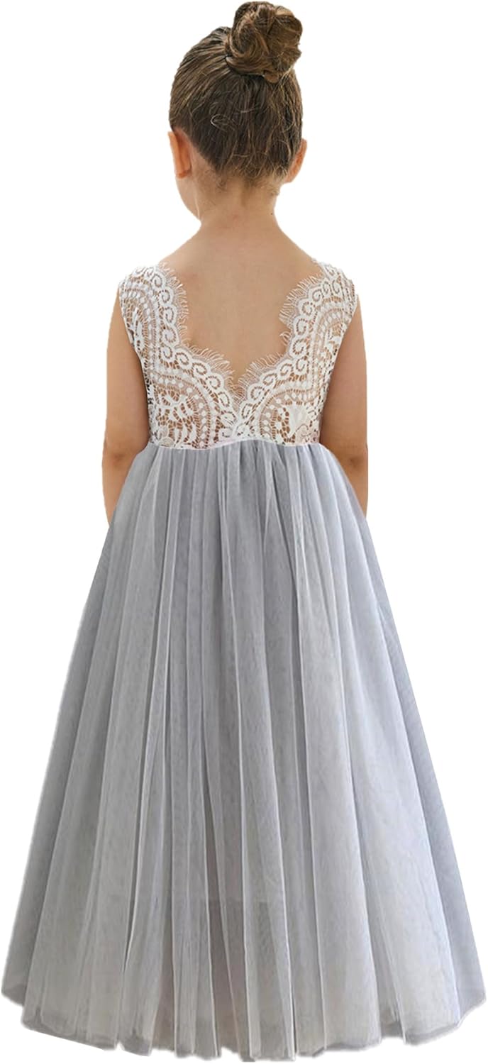 Girls Tulle Flower Girl Dress - Lace Back A-Line Party Dress Light Gray Sleeveless Maxi