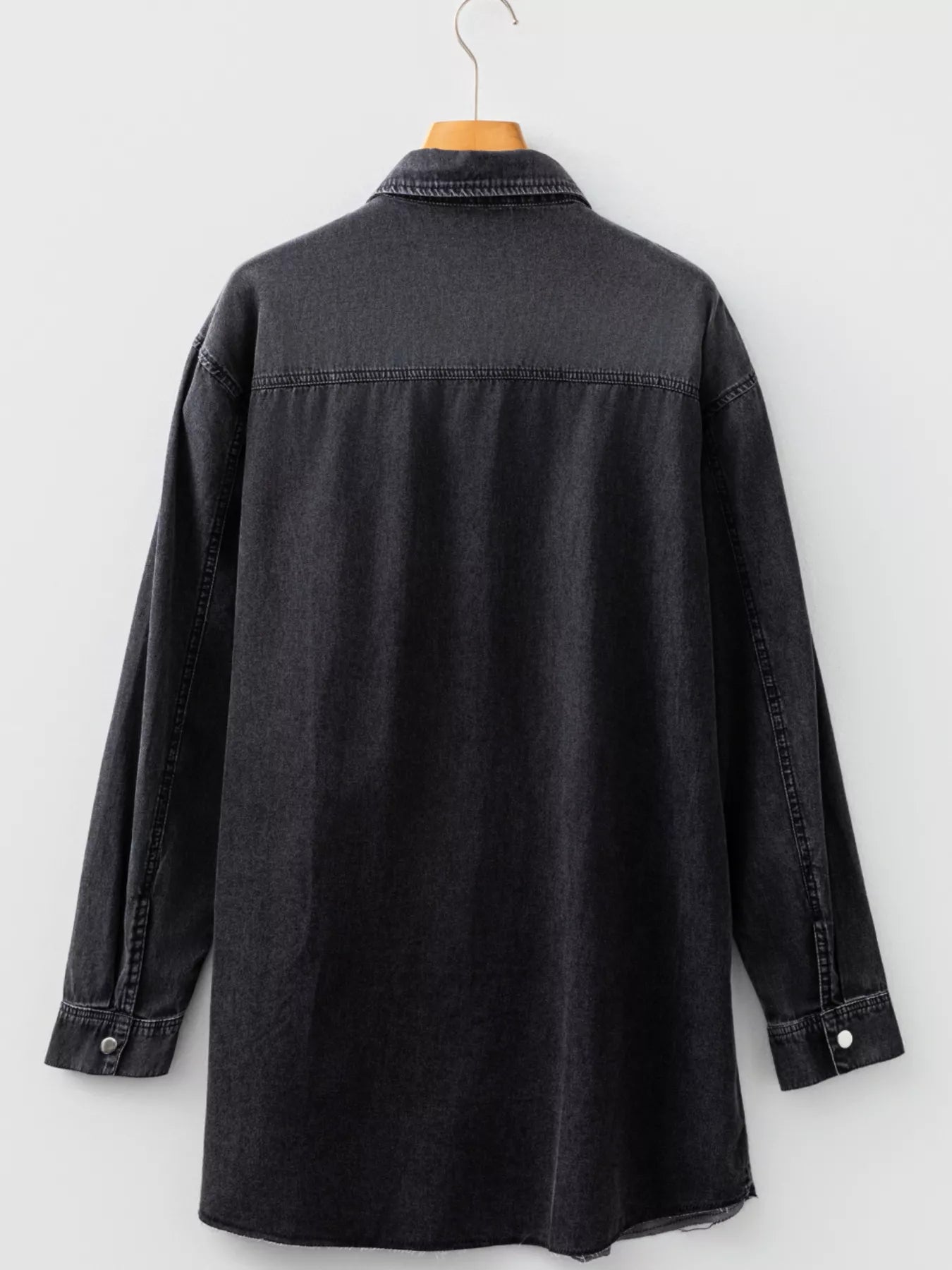 Chest Pocket Raw Hem Denim Loose Shirt Dress