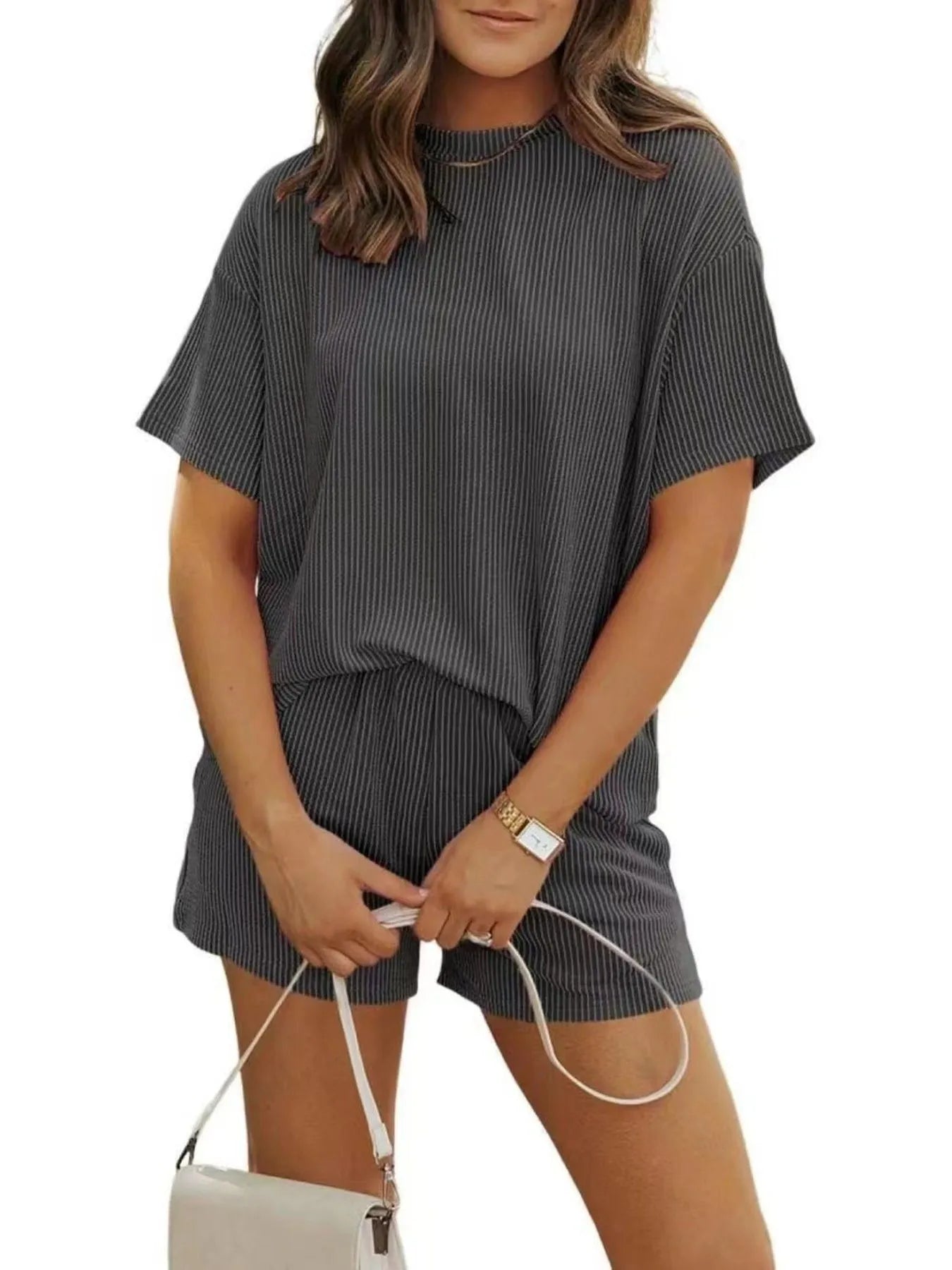 Full Size Ribbed Short Sleeve Top and Shorts Two-Piece Set Plus Size Black