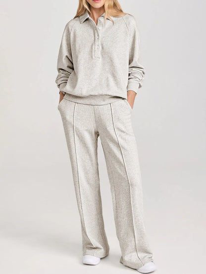 Collared Sweatshirt and High Waist Pants Active Set Light Gray