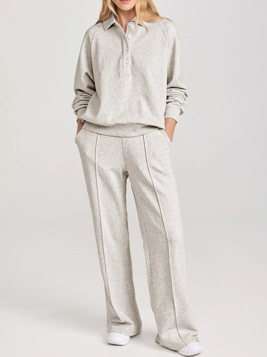 Collared Sweatshirt and High Waist Pants Active Set Light Gray