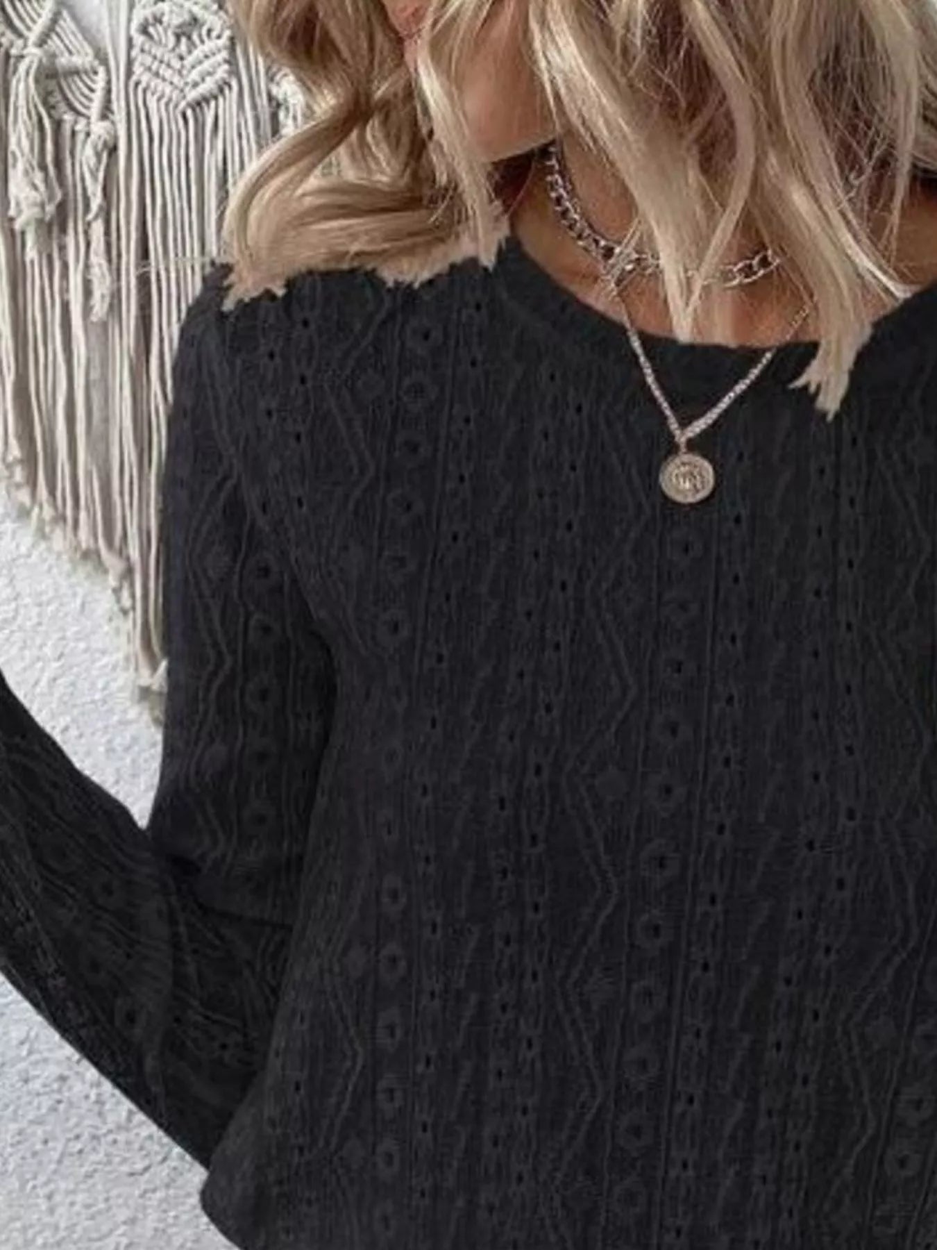 Full Size Eyelet Round Neck Long Sleeve Blouse Plus Size