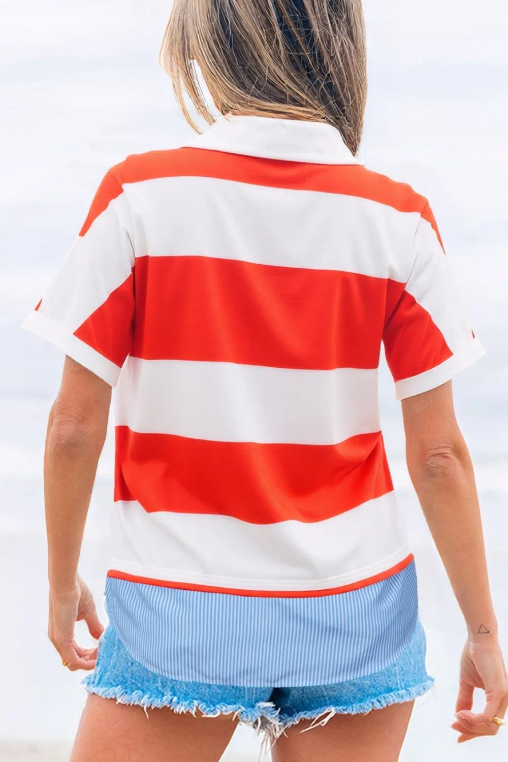 Stripe Collar V Neck Cuffed Dolman Short Sleeve Top