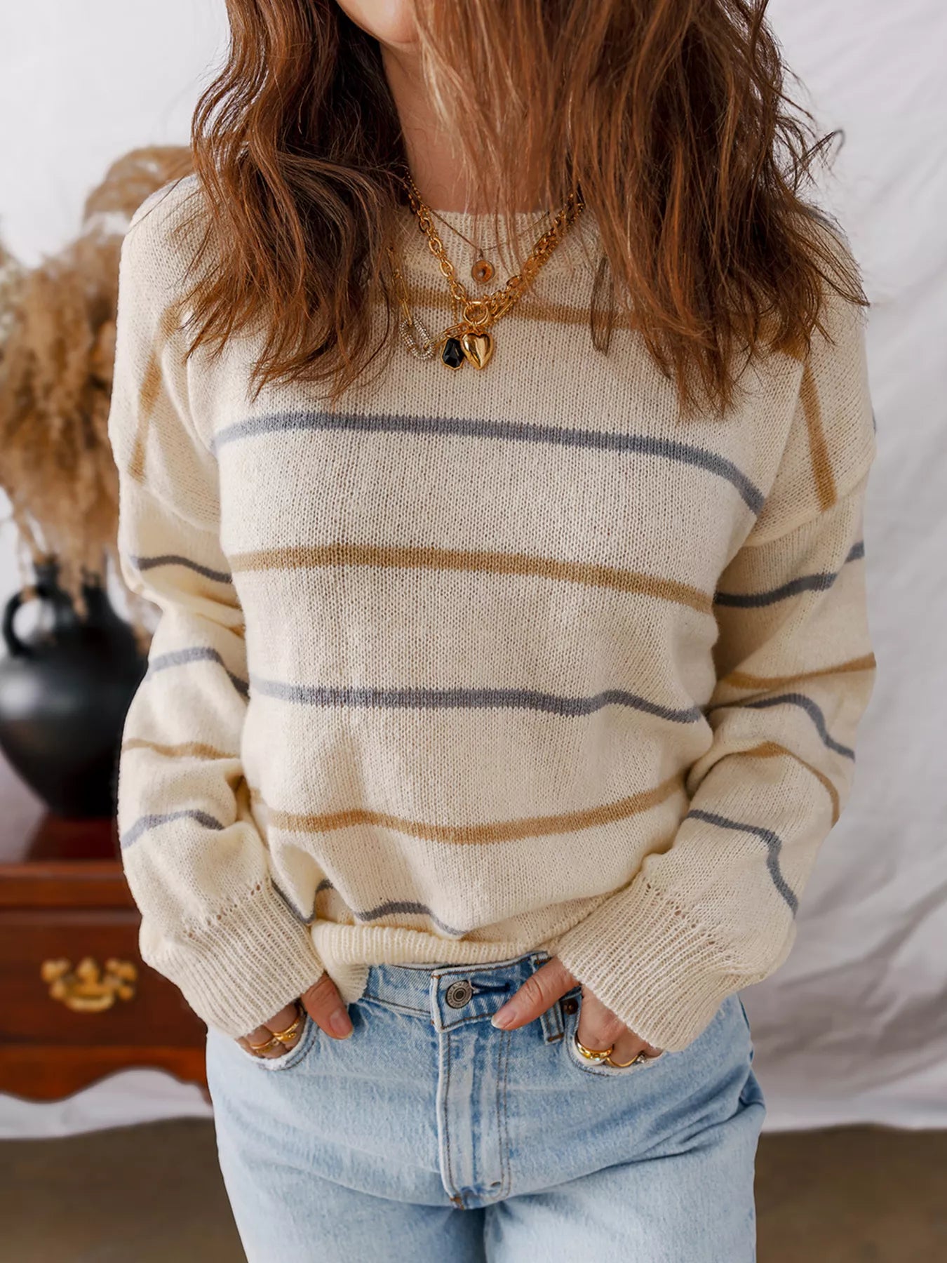 Stripe Striped Ribbed Edge Drop Shoulder Sweater