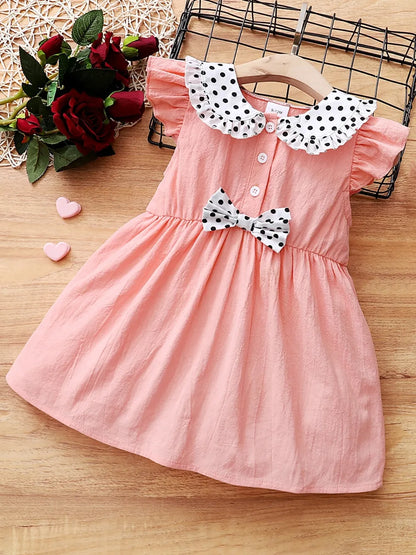 Children's Bow Peter Pan Collar Ruffle Sleeve Dress Watermelon pink
