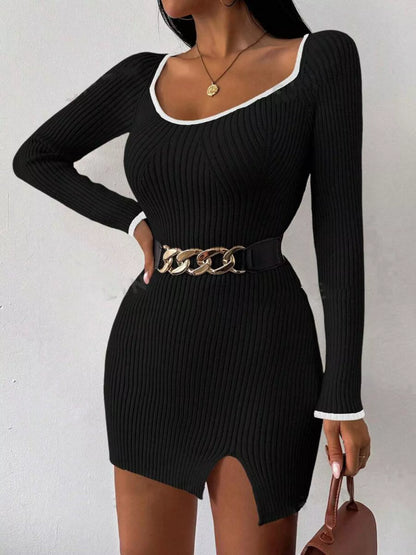 Ribbed Knit Bodycon Sweater Dress Black