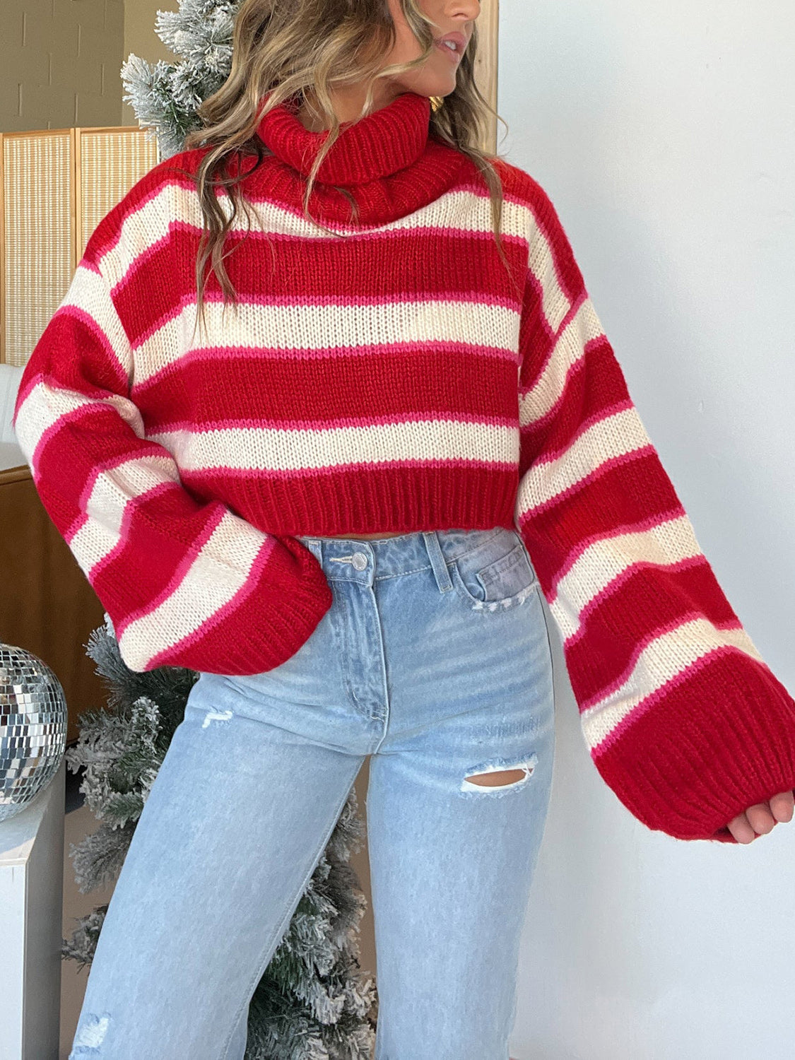 Striped Turtleneck Long Sleeve Cropped Sweater Deep Red