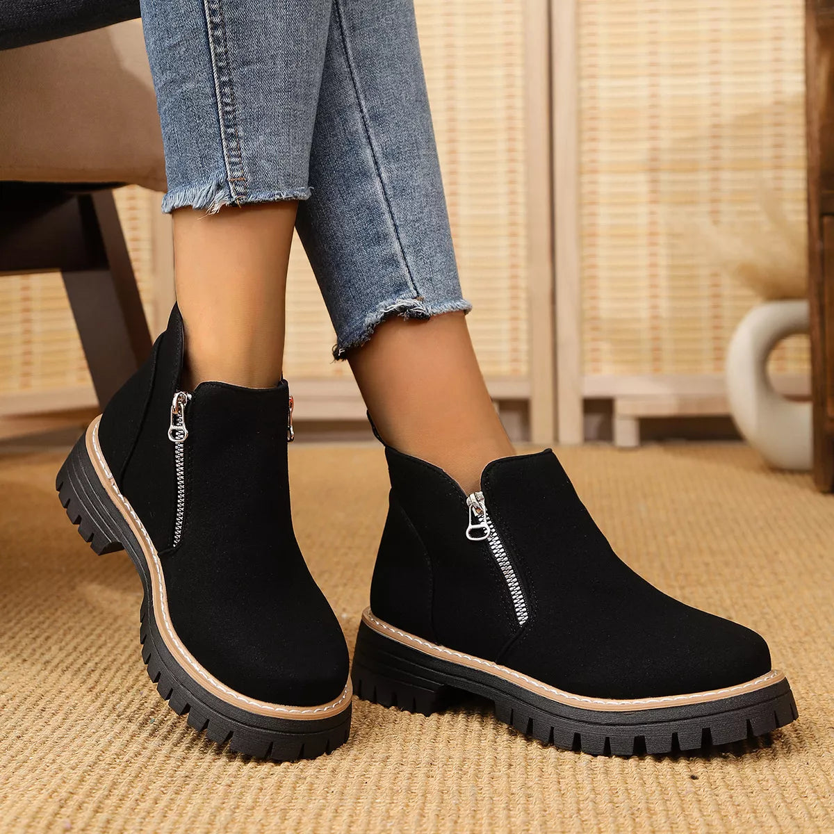 Ankle Boots with Zipper Accent Black