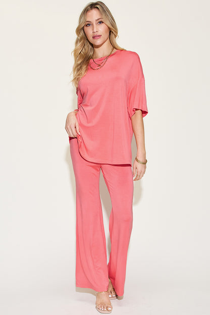 Comfy Bamboo Drop Shoulder Tee & Flare Pants Set Coral
