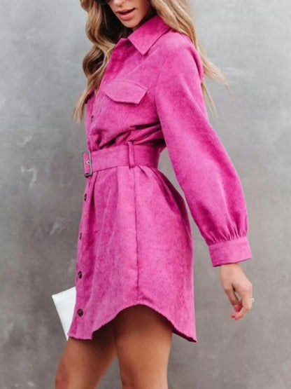 Button Front Belt Long Sleeve Corduroy Dress
