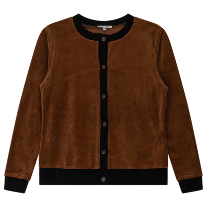 Velour Round Neck Cardigan Cognac
