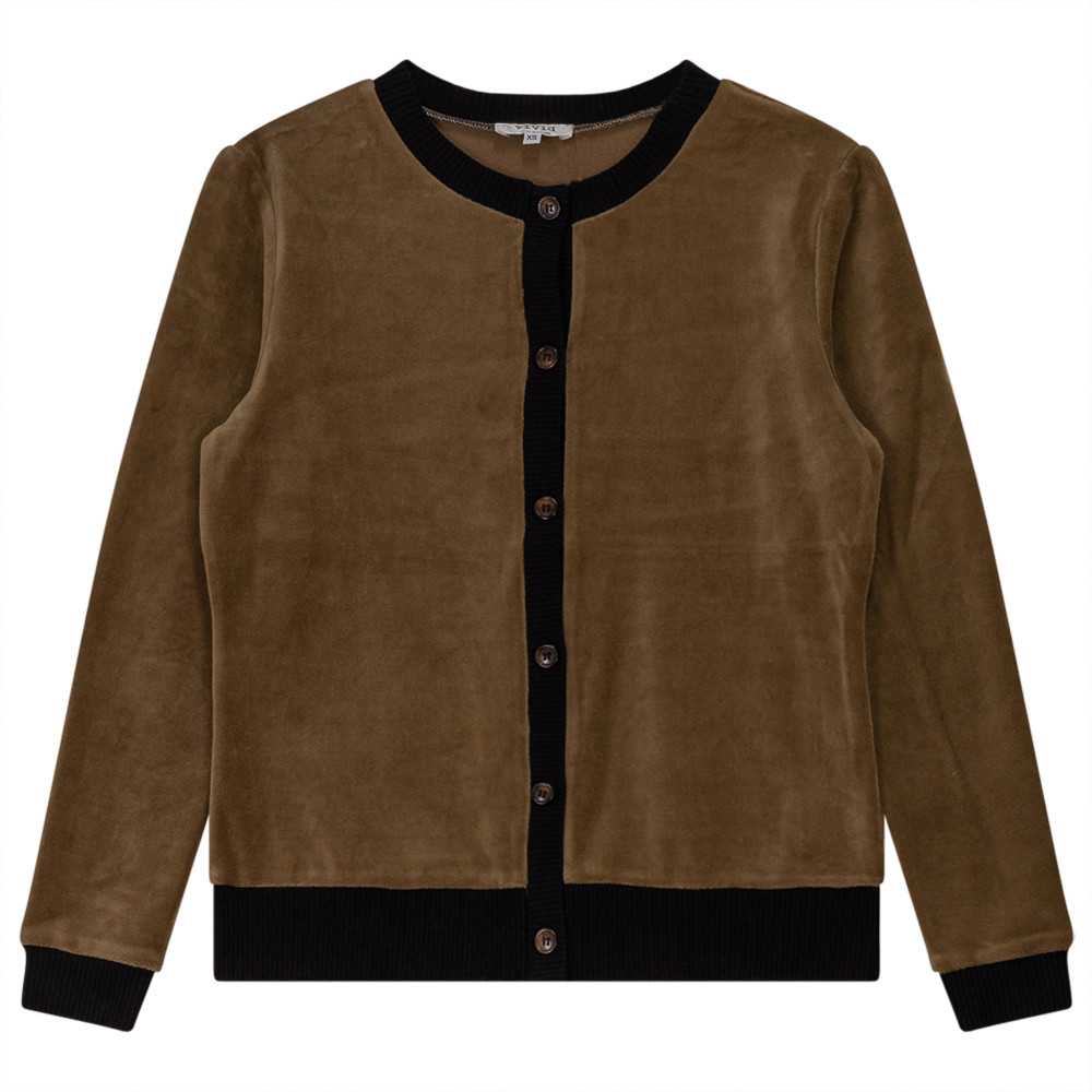 Velour Round Neck Cardigan Taupe