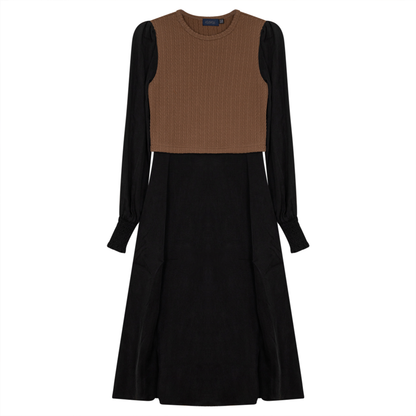 Dress With Mini Cable Knit Vest Black Camel