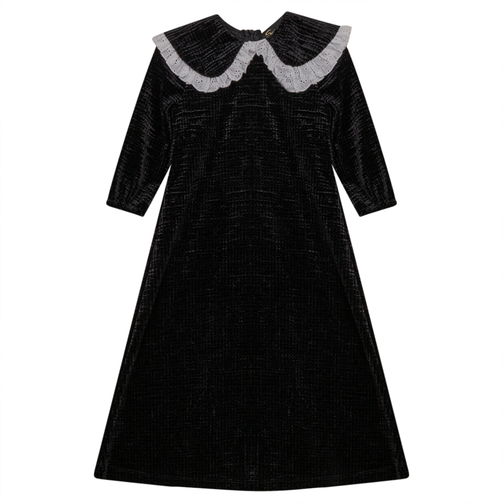 Waffle Velour Dress With Collar Black Cream