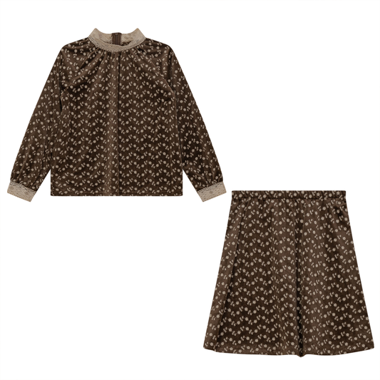Embroidered Velvet 2pc Set Brown Print