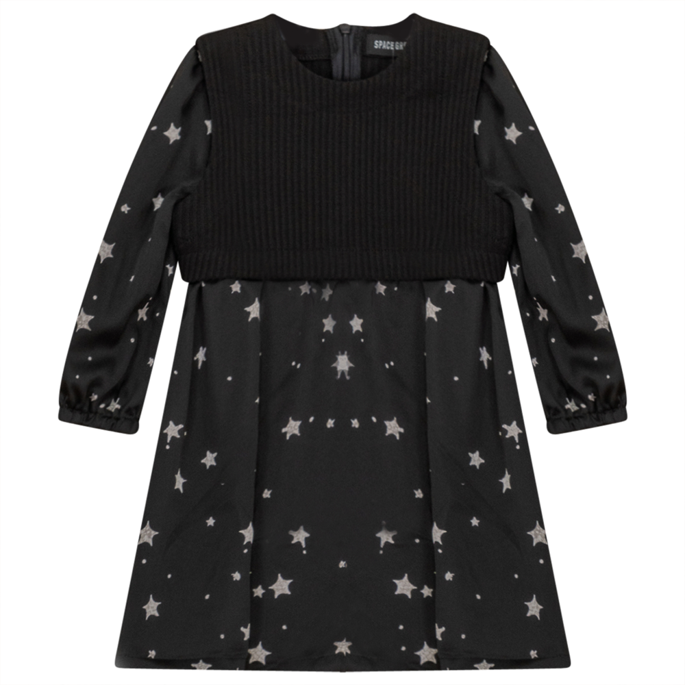 Satin Star Print Dress with Vest Black