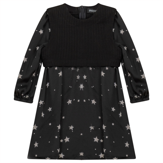 Satin Star Print Dress with Vest Black