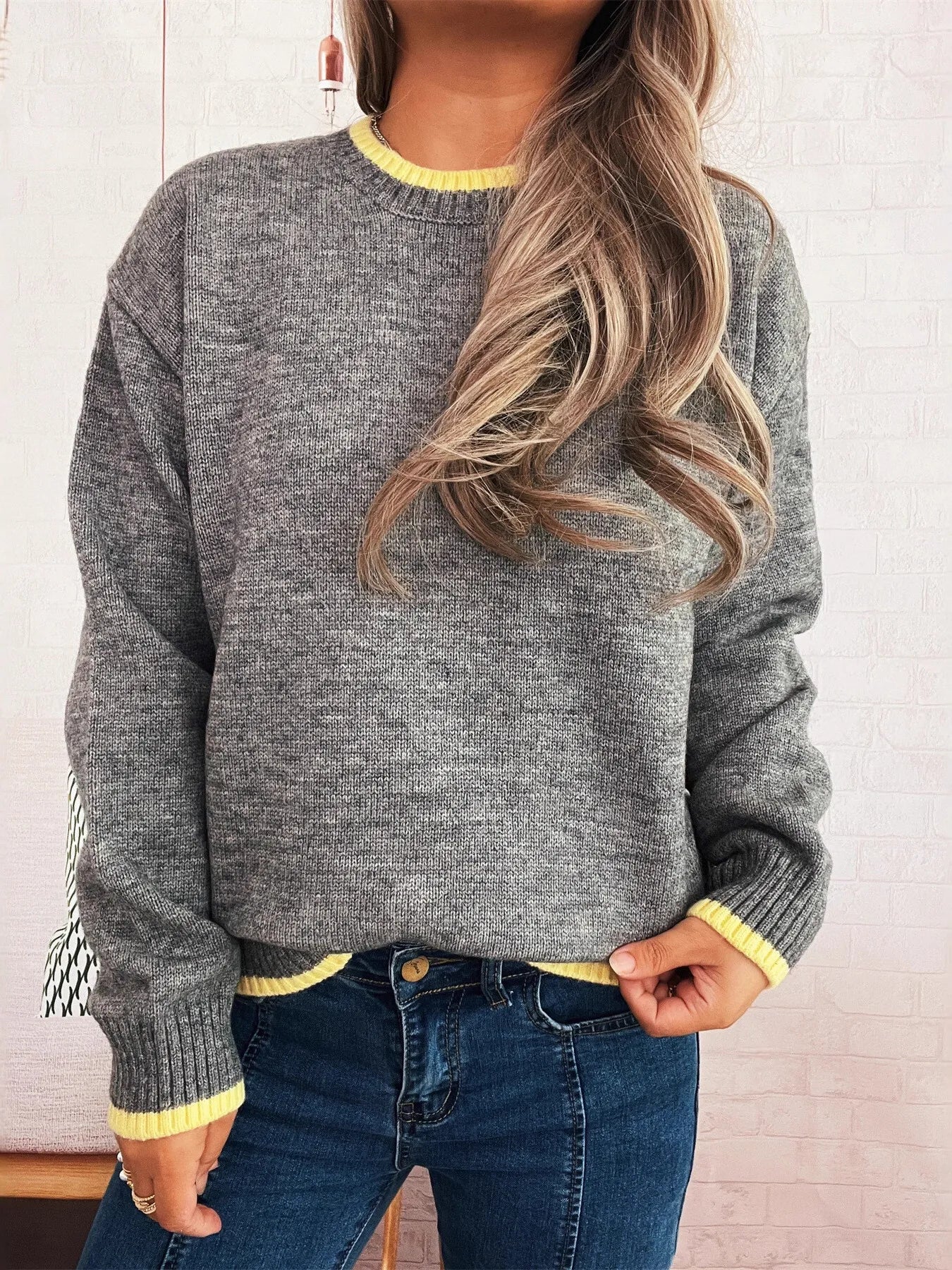 Ribbed Contrast Trim Long Sleeve Sweater