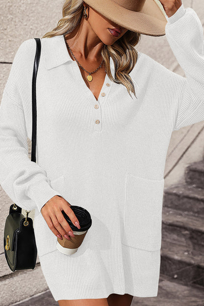 Collared Neck Long Sleeve Sweater Dress with Pockets White