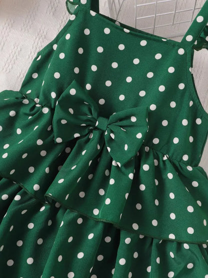 Bow Polka Dot Square Neck Layered Dress