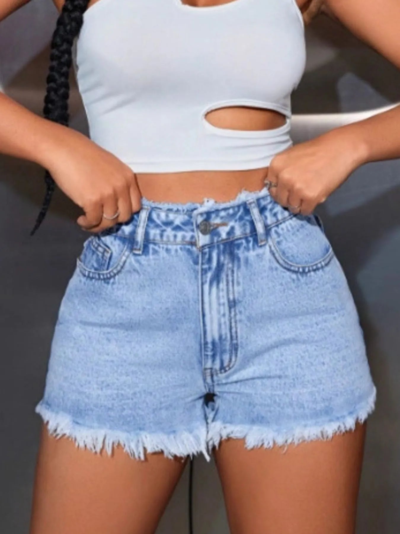 High Waisted Frayed Hem Denim Shorts