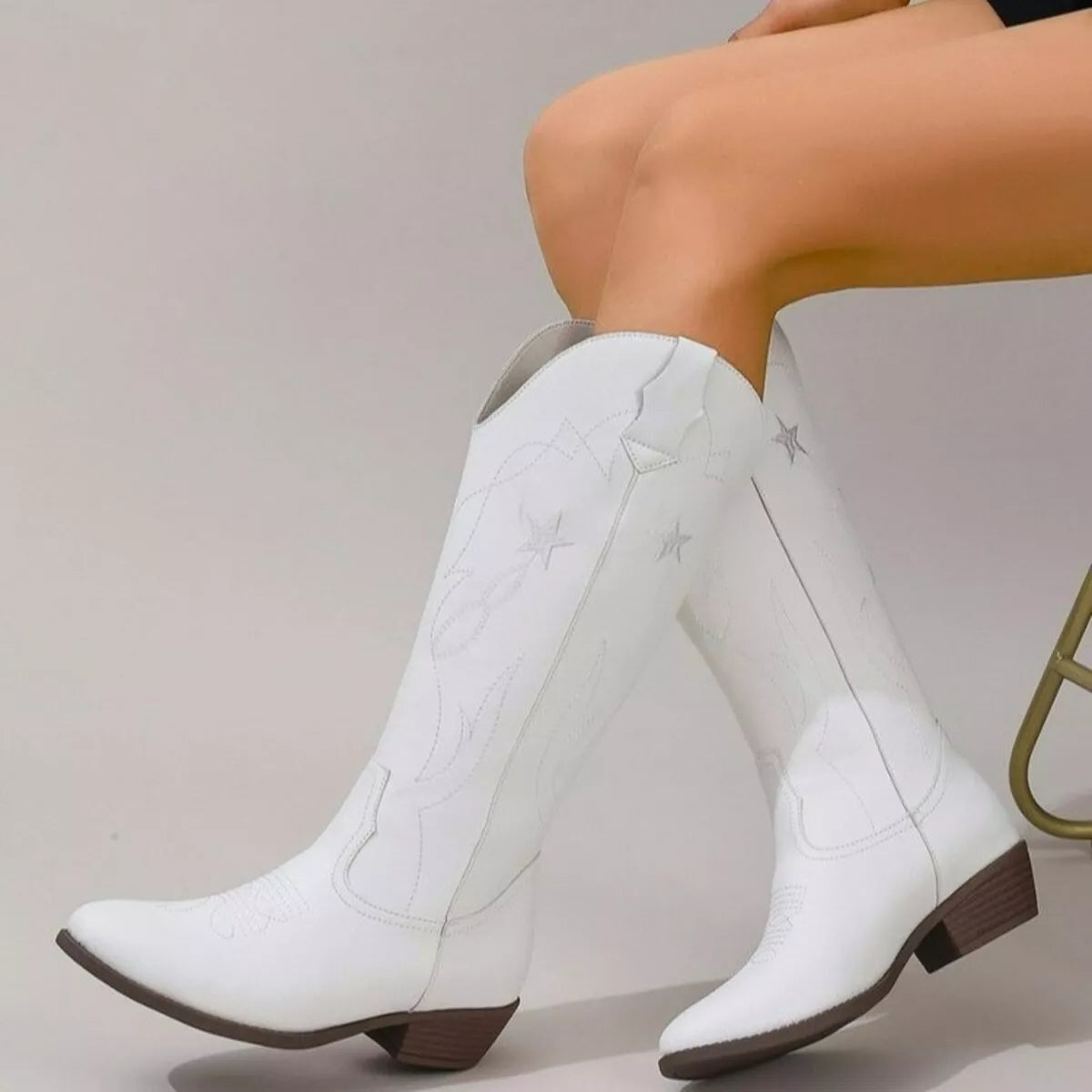 Western Star Embroidered Cowboy Boots White