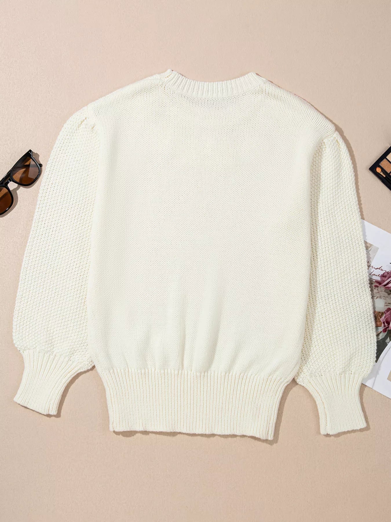Flower Detail Round Neck Contrast Textured Puff Sleeve Sweater