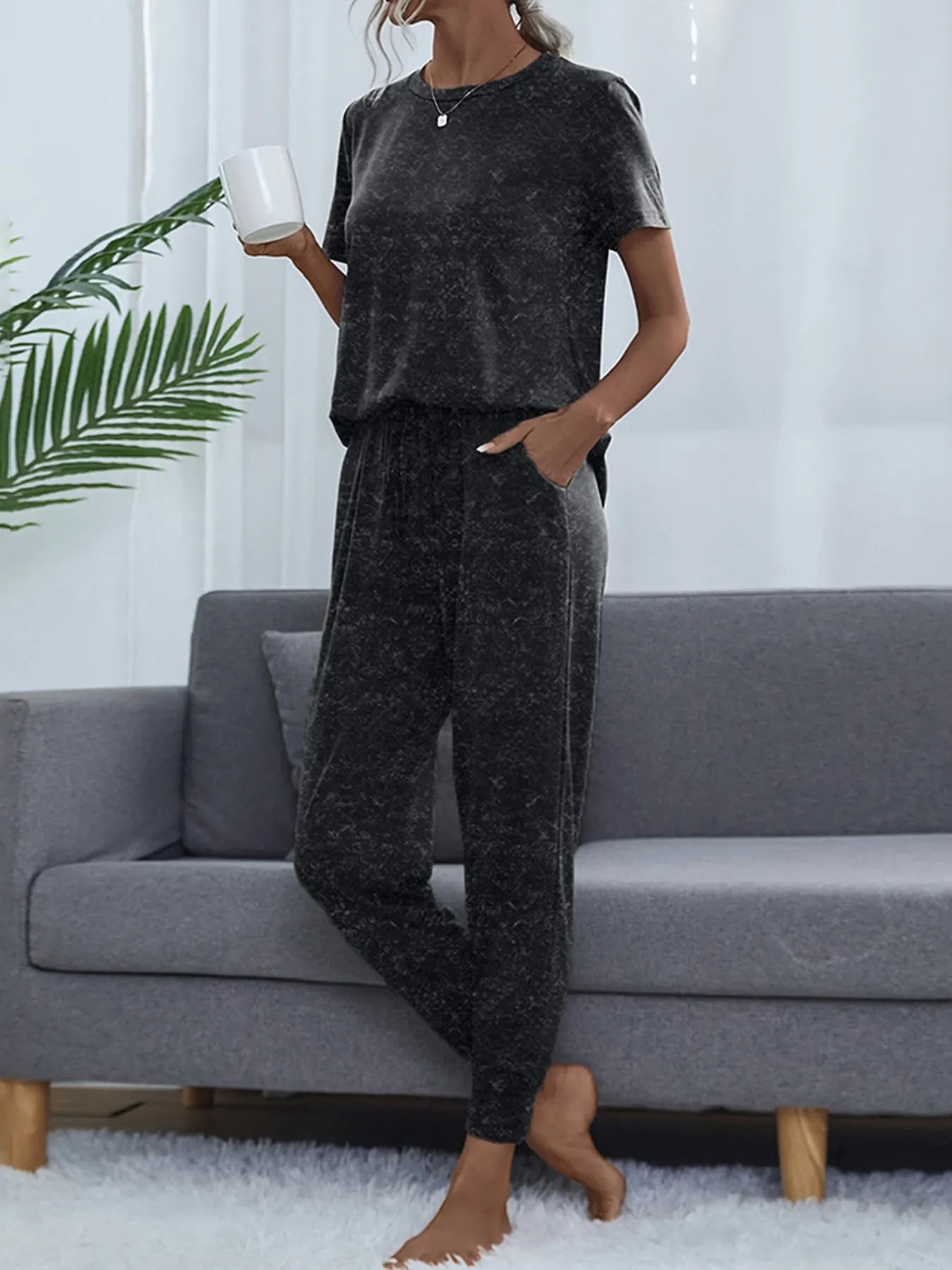 Round Neck Short Sleeve Top and Pants Lounge Set
