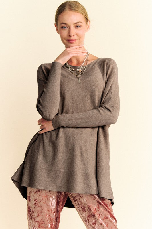 Back To School Sweater - Davi & Dani Round Neck Dropped Shoulder Long Sleeve Knit Top Coffee Brown