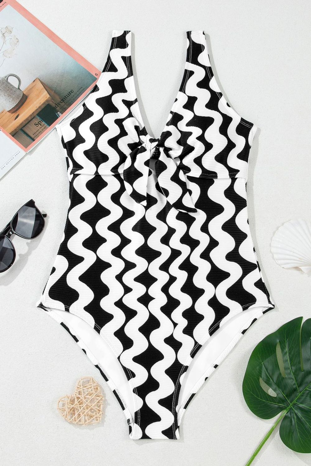 Tied Front Contrast Striped One-Piece Swimsuit