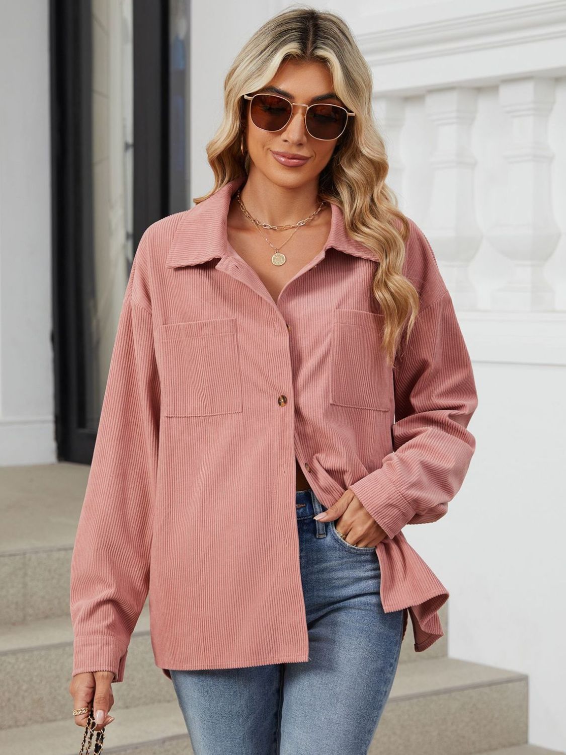 Button Up Dropped Shoulder Long Sleeve Outerwear Burnt Coral