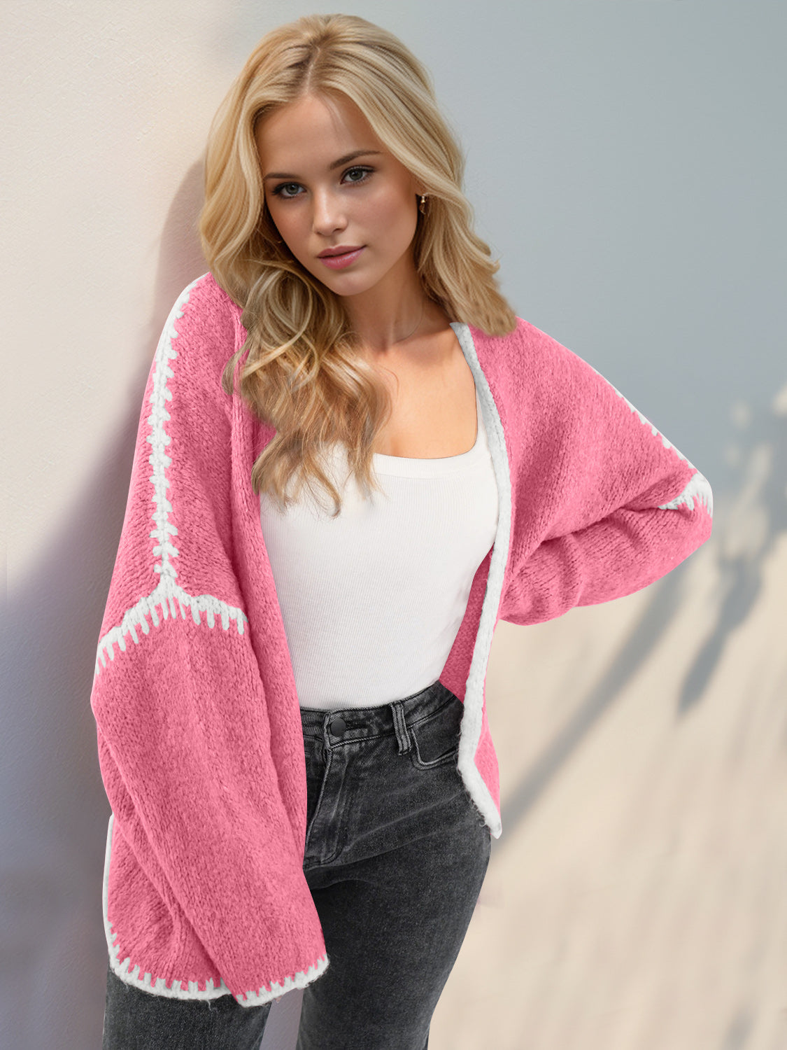 Back To School Sweater - Double Take Contrast Open Front Dropped Shoulder Cardigan Pink