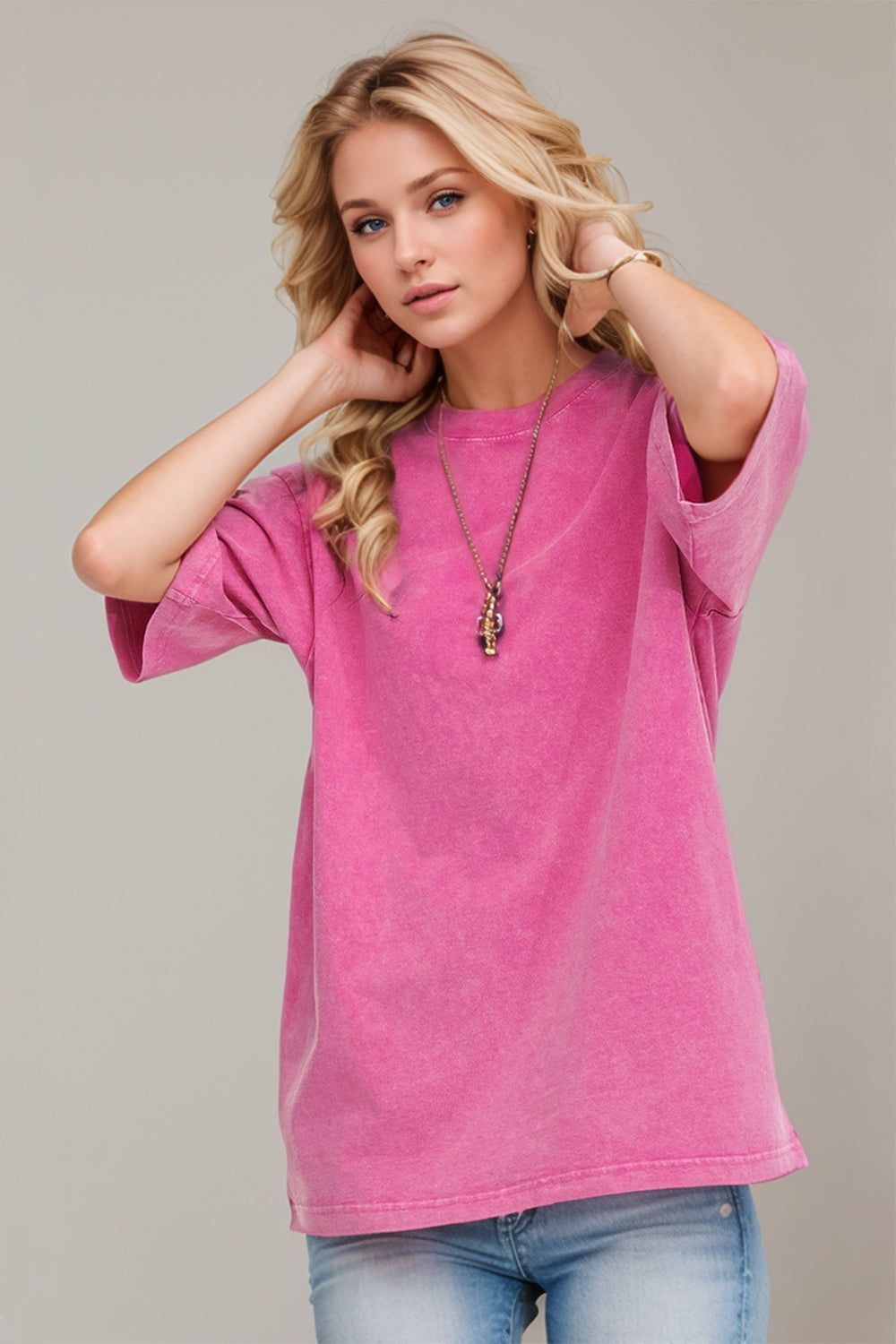 Basic Bae Round Neck Half Sleeve T-Shirt Fuchsia Pink