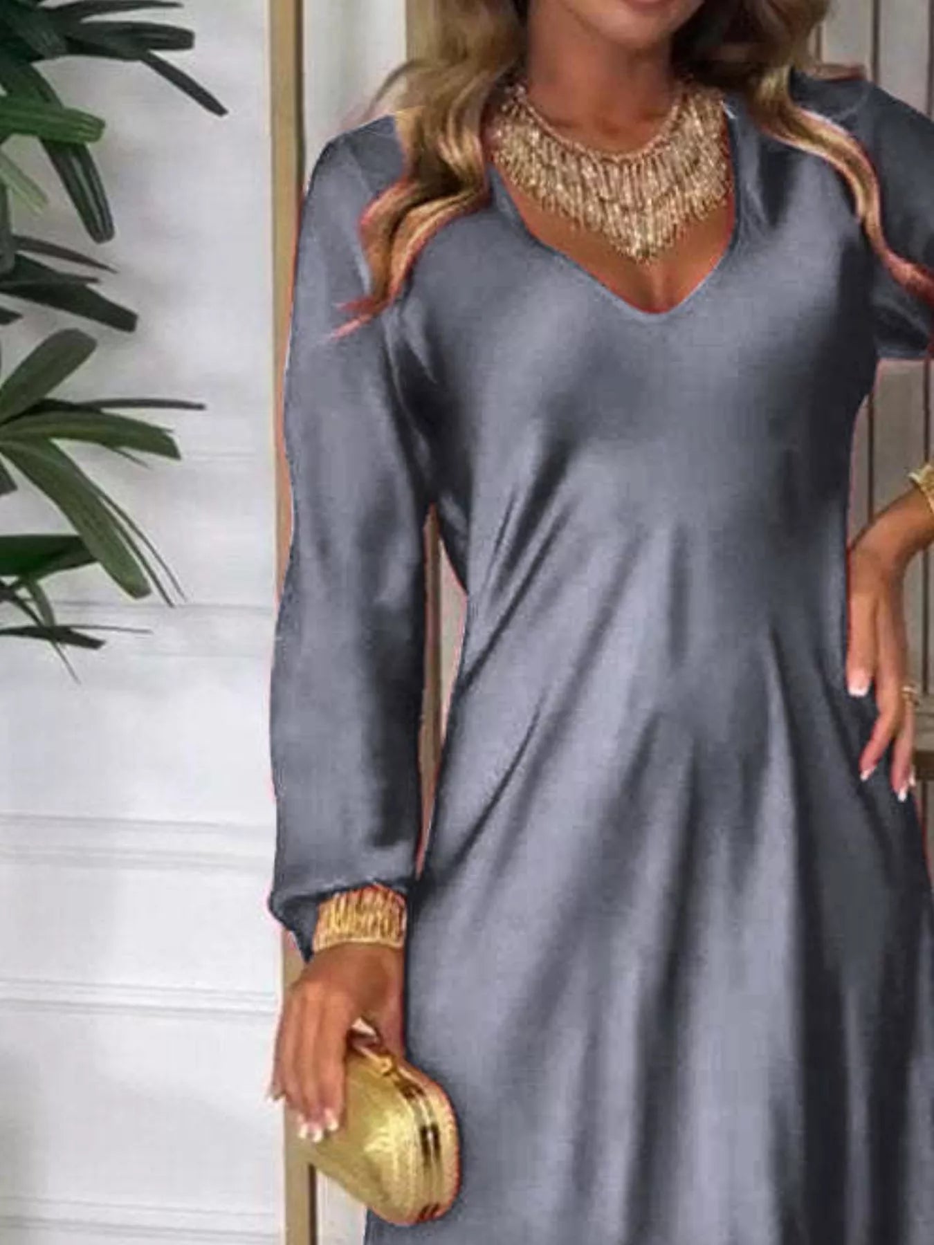 Full Size V-Neck Long Sleeve Midi Dress Plus Size