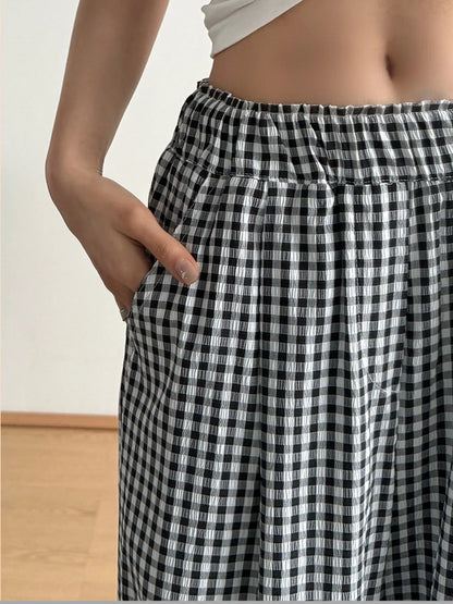 Gingham Check Wide Leg Casual Pants Black