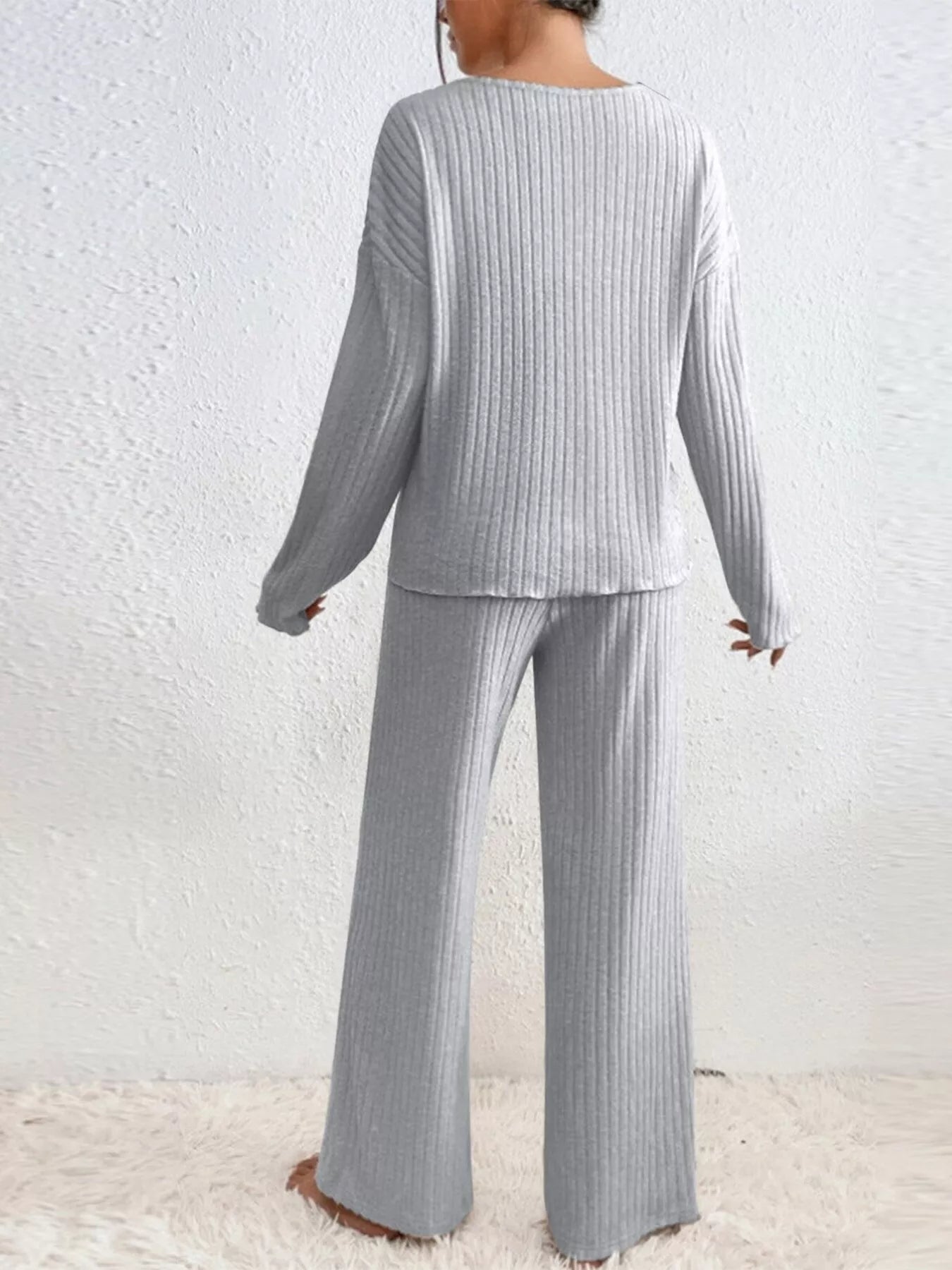 Ribbed V-Neck Top and Pants Set