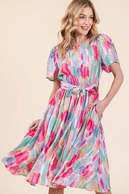 Lime 'N' Chili Watercolor Print Tie Front Midi Dress