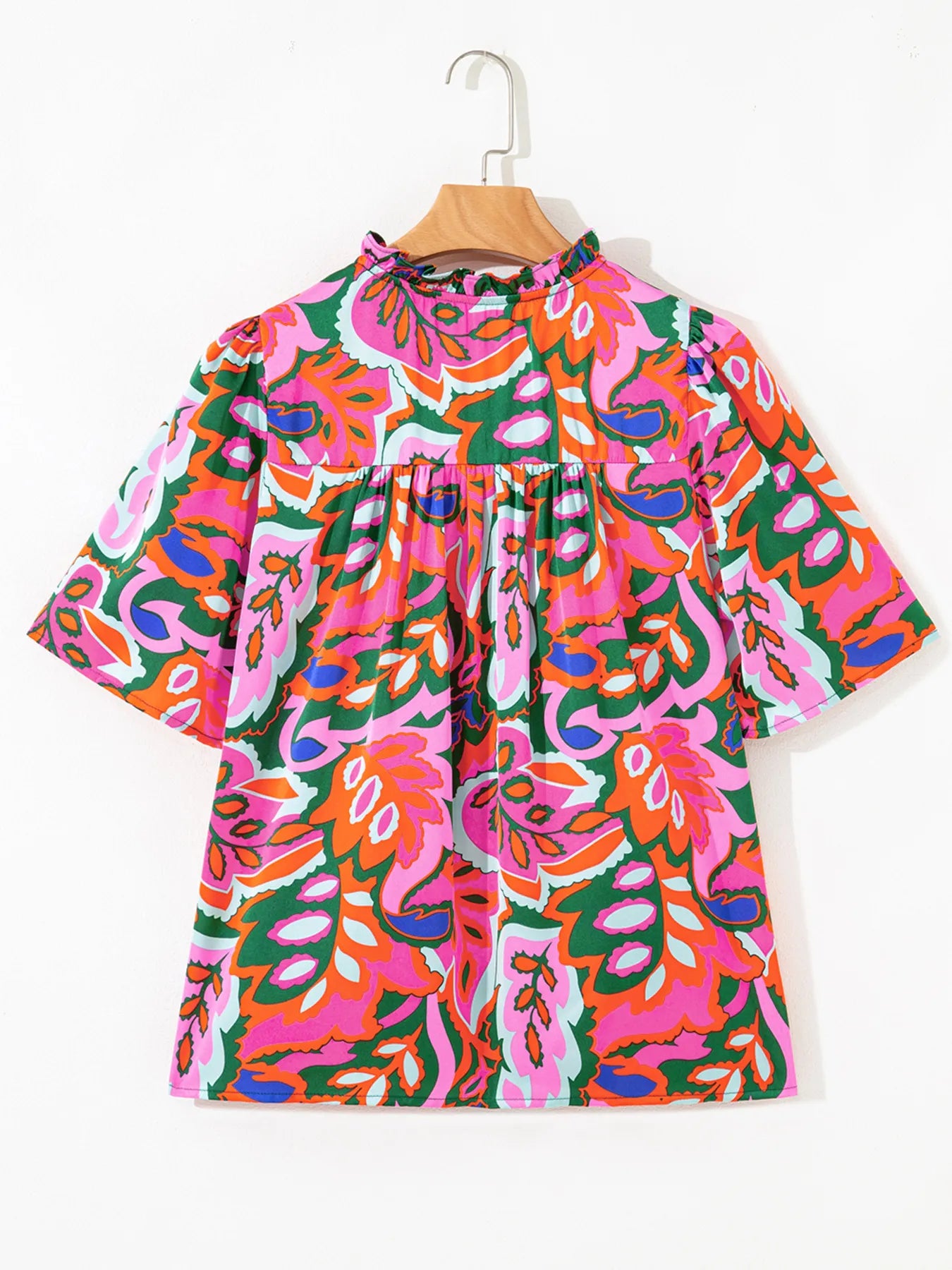 Tropical Print Short Sleeve Tie Neck Blouse