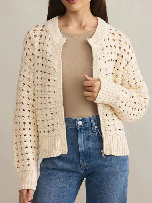 Openwork Zip-Up Cardigan Beige