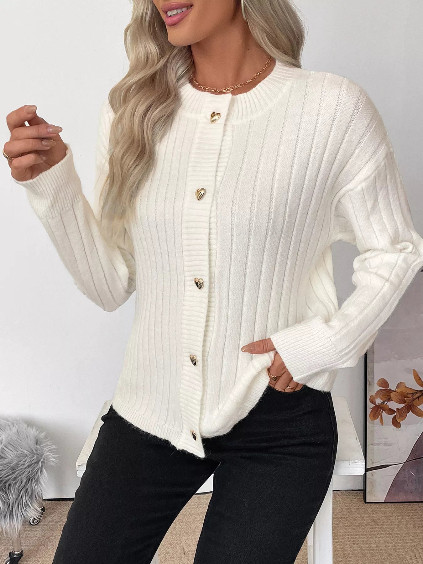 Ribbed Button Up Long Sleeve Cardigan