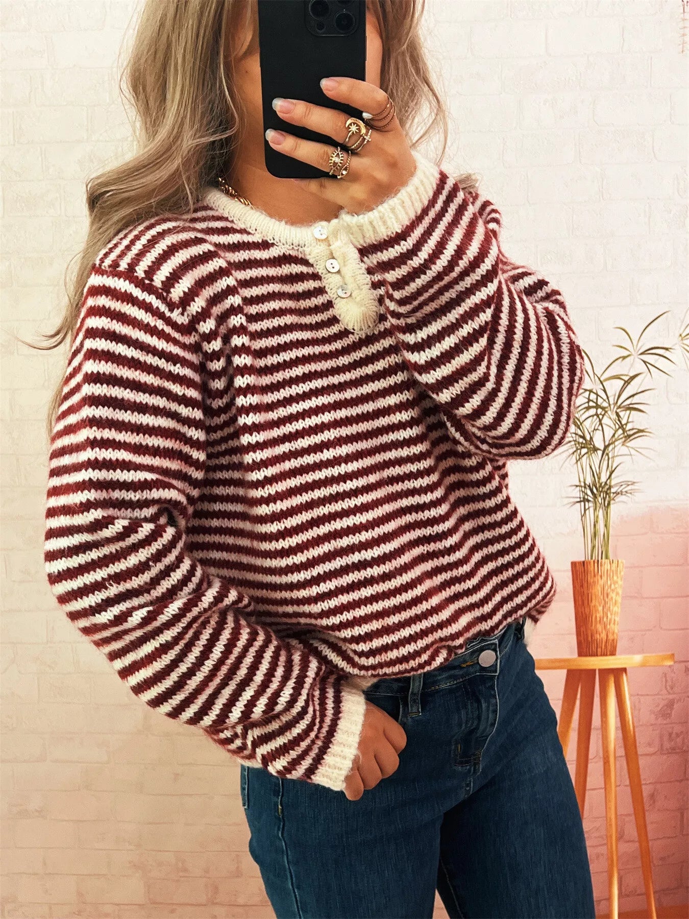 Striped Button Detail Long Sleeve Sweater