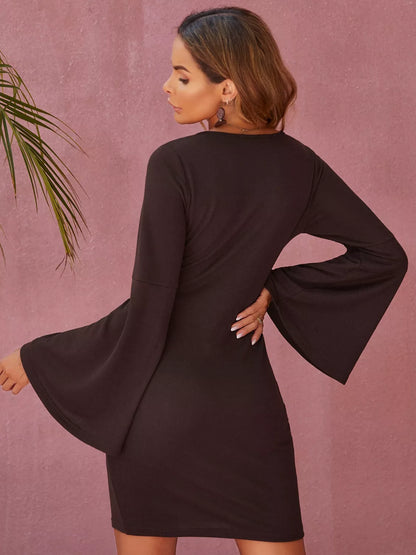 Flare Sleeve Button Front Bodycon Dress