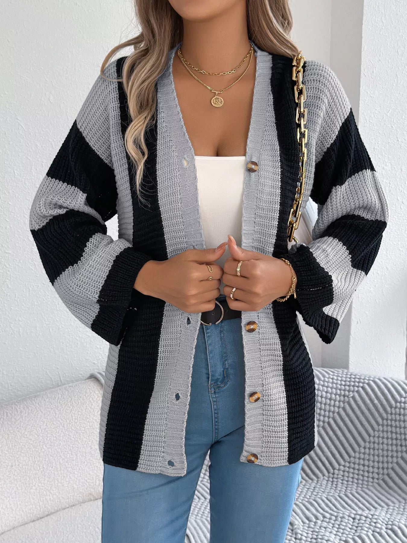 Color Block Button-Up Cardigan