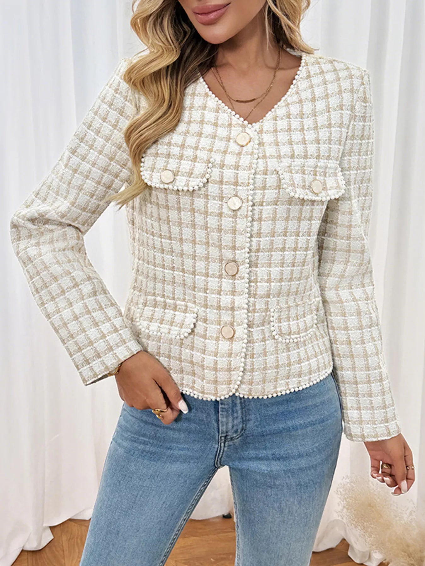 Pearl Trim Button Up Tweed Outerwear