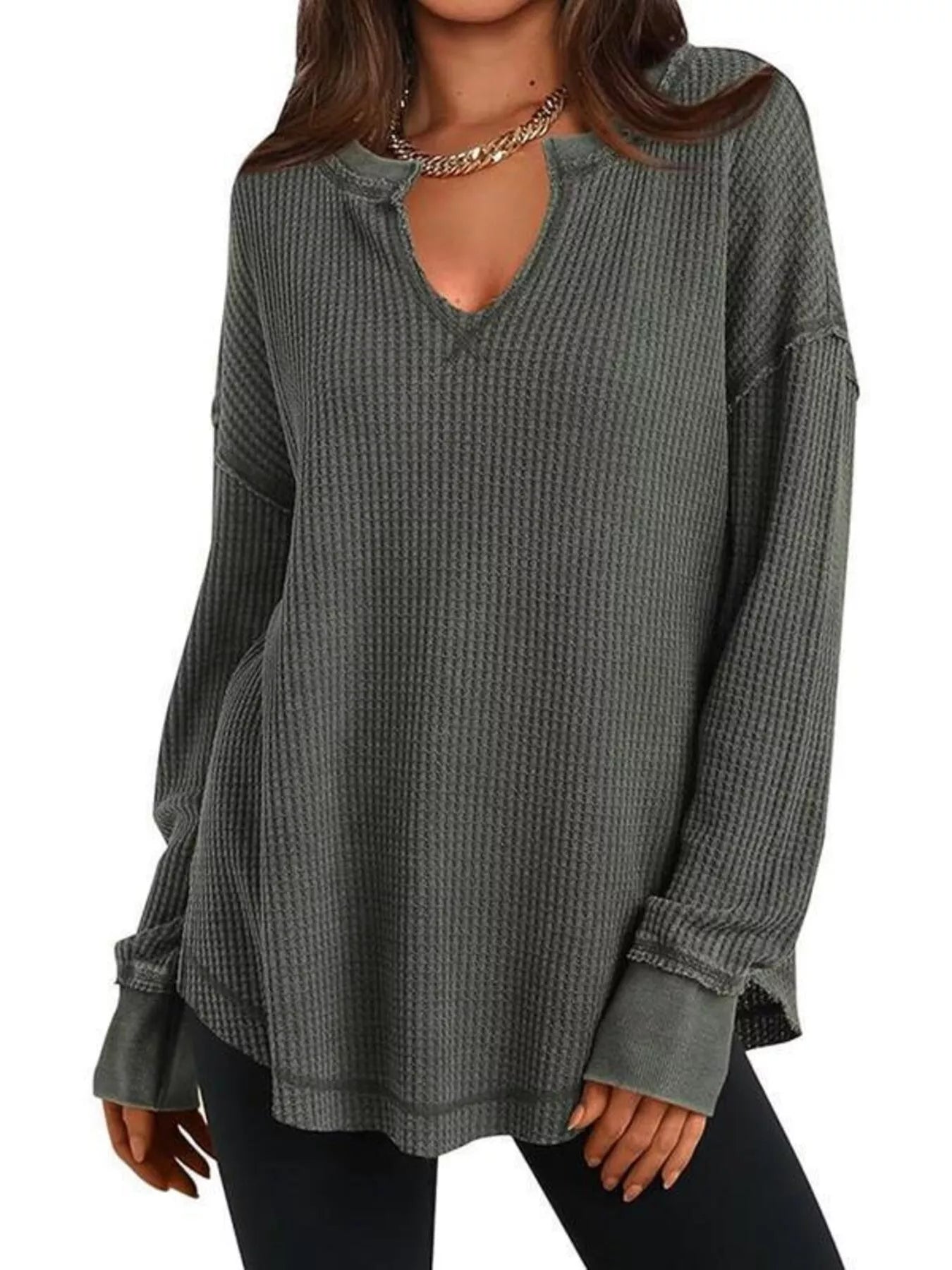 Waffle Knit Long Sleeve Sweatshirt Gray