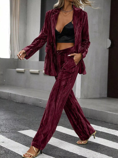 Lapel Collar Long Sleeve Blazer and Pants Set