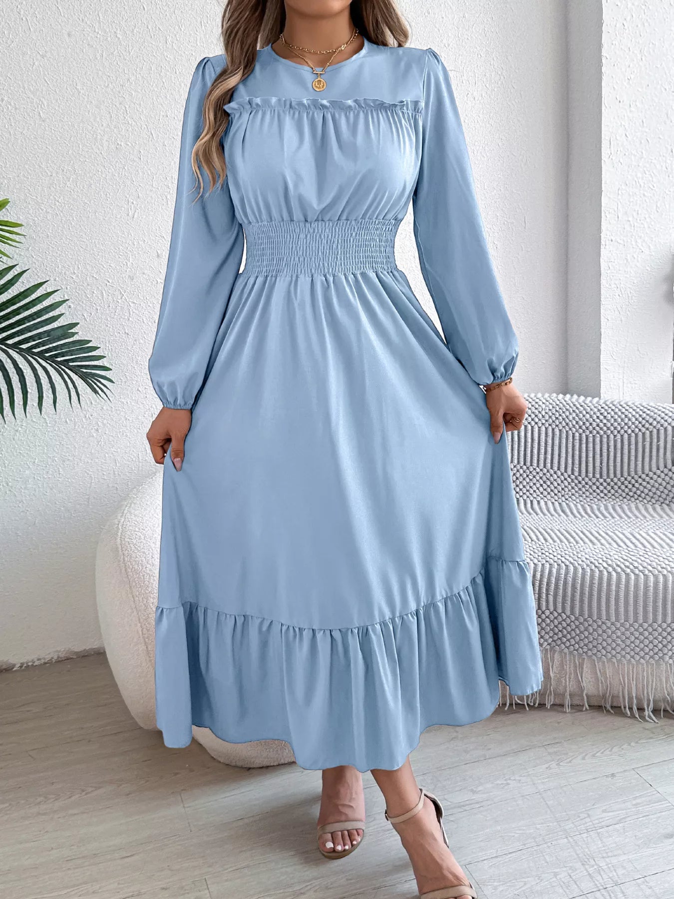 Round Neck Balloon Sleeve Tiered Dress