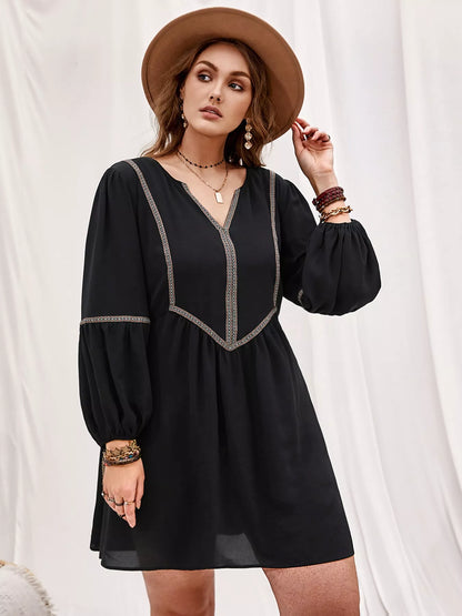 Plus Size Notched Balloon Sleeve Mini Dress Black