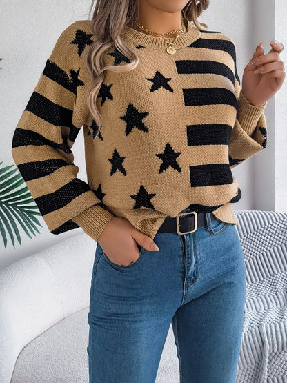 Stars and Stripes Pattern Casual Round Neck Sweater Khaki