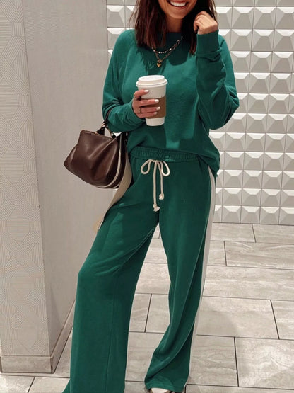 Round Neck Top and Stripe Detail Drawstring Pants Set Dark Green